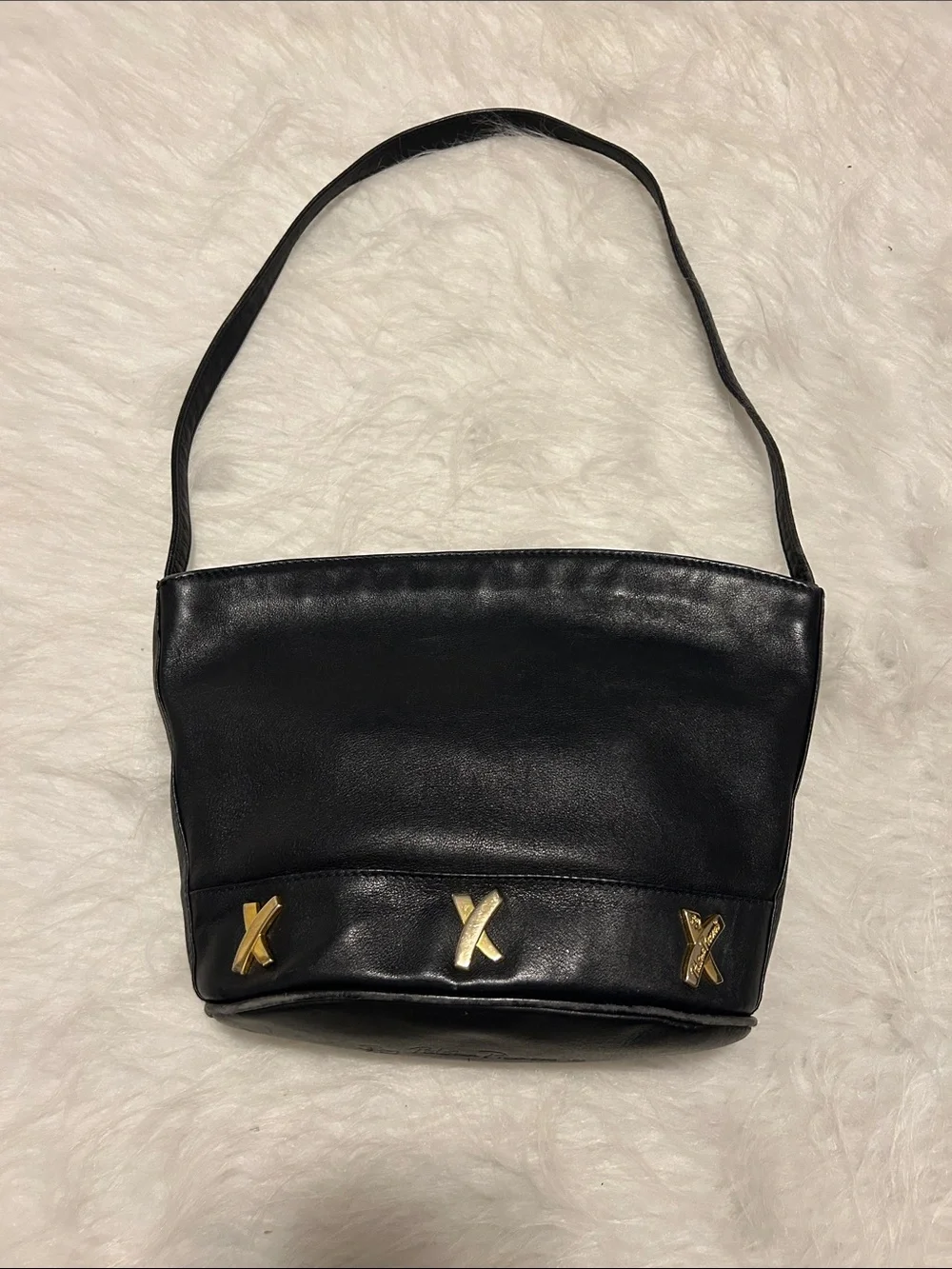 Paloma Picasso Black Leather Shoulder Bag with Gold X Accents